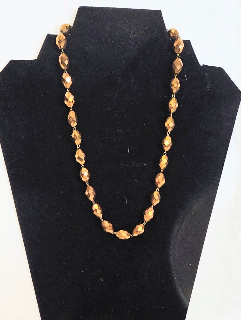 Vintage Antique 1930/40 Bronze Faceted Metallic Glass Barrel Bead Necklace 16"